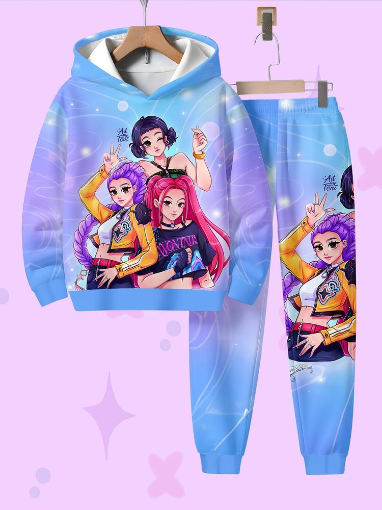 Huntress Squad Trendy Hoodie Set, Blue Gradient, Cartoon Characters, Casual Fitted Sweatshirt, Kids Daily Wear, Fall & Winter