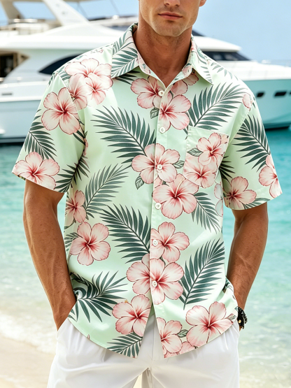 Linen-Texture  Botanical Floral Flamingo Print with Chest Pocket Holiday Hawaiian Shirt
