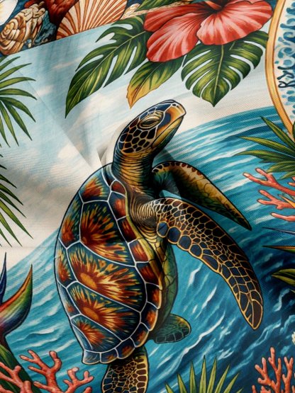 Moisture Wicking Leafy Flowers Ocean Turtle Chest Pocke Holiday Hawaiian Shirt
