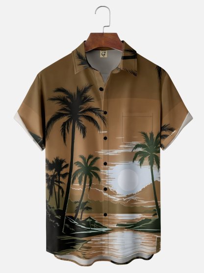 Moisture-wicking Coconut Tree Beach Chest Pocket Hawaiian Shirt