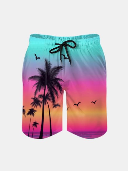 Men's Swim Trunks Hawaiian Tropical Palm Tree Beach Shorts with Pockets
