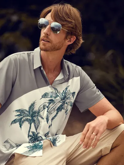Tall Size Moisture-wicking Palm Tree Chest Pocket Hawaiian Shirt