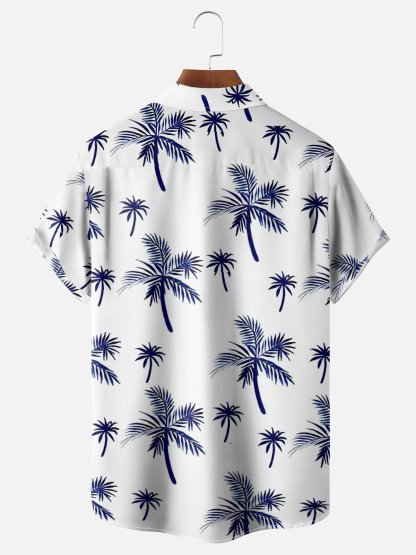Mens Tropical Leaves Print Loose Chest Pocket Short Sleeve Hawaiian Shirt