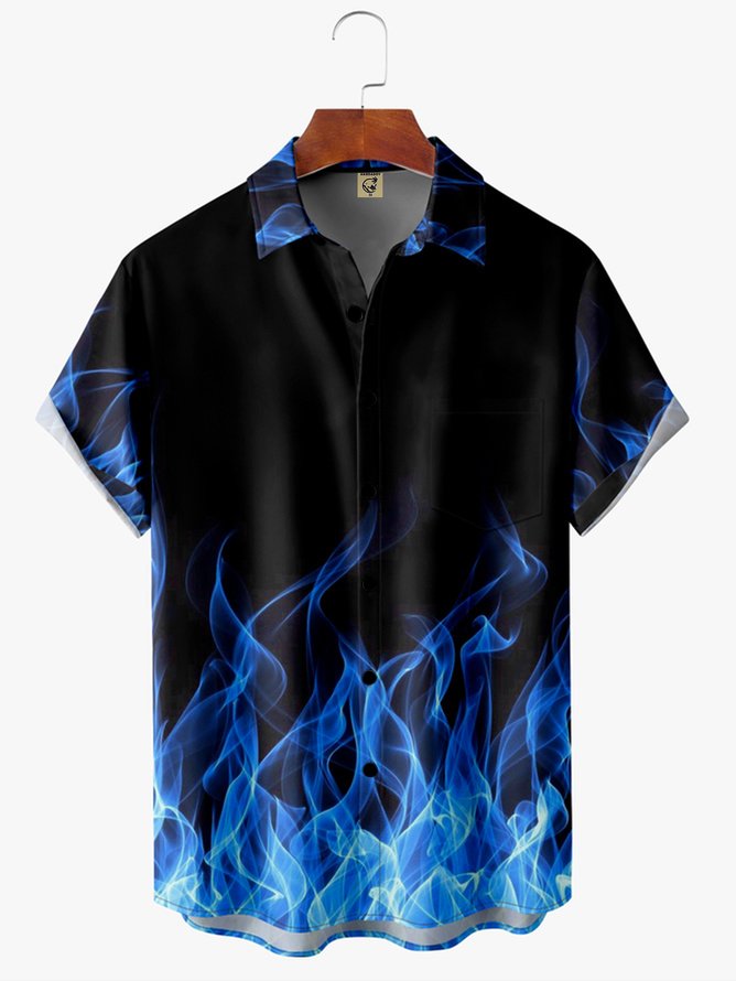 Men's Halloween Fire Print Anti-Wrinkle Moisture Wicking Fabric Fashion Hawaiian Lapel Short Sleeve Shirt
