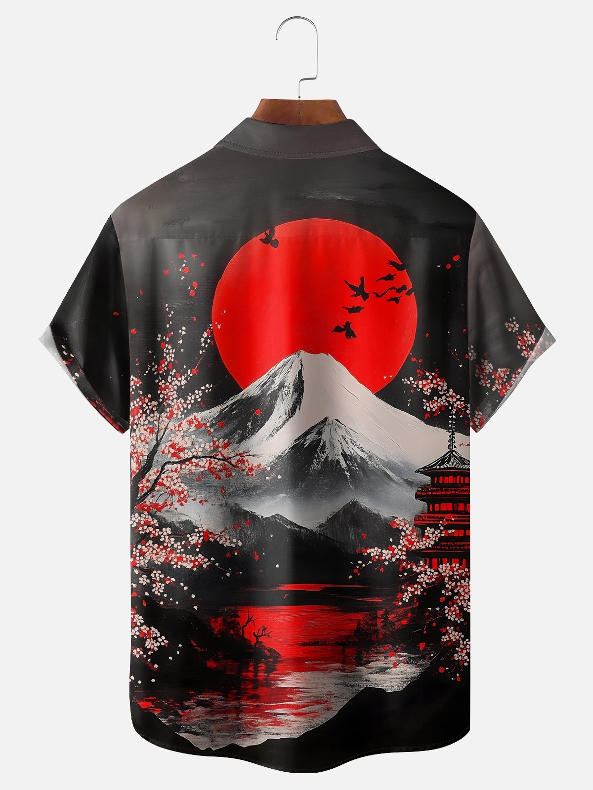 Moisture Wicking Ukiyo-e Sakura Mount Fuji Chest Pocket Hawaiian Shirt