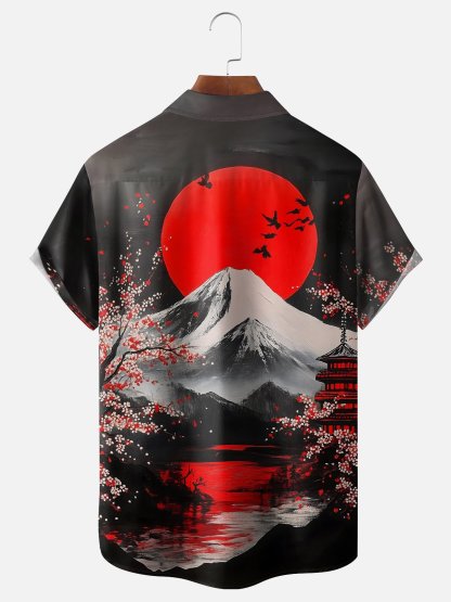 Moisture Wicking Ukiyo-e Sakura Mount Fuji Chest Pocket Hawaiian Shirt