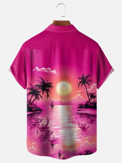 Moisture-wicking Tropical Palm Tree Chest Pocket Hawaiian Shirt