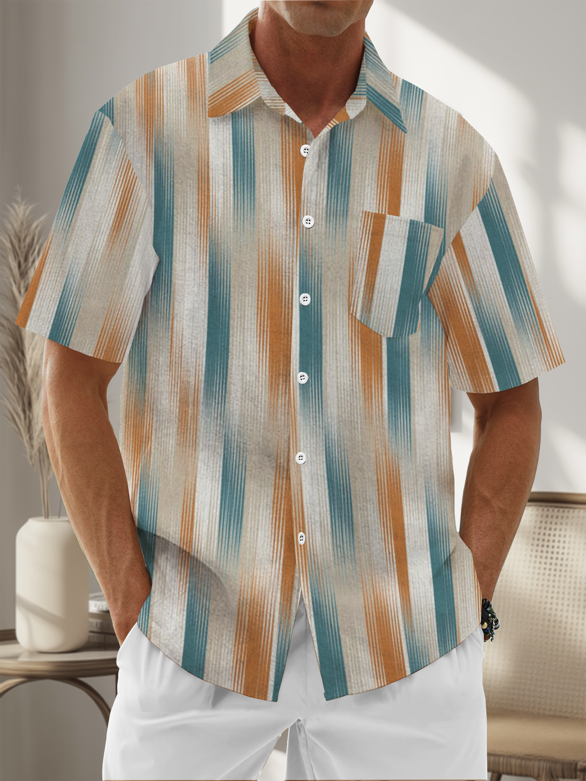 Moisture Wicking Ombre Stripes Chest Pocket Hawaiian Shirt