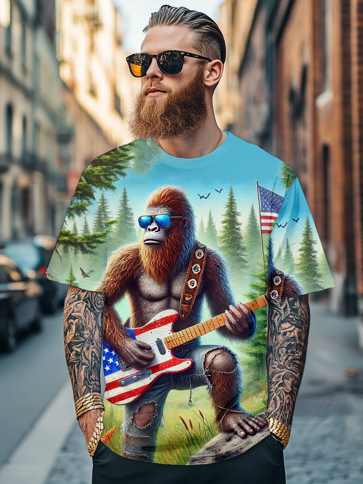 Men's American Flag Bigfoot Guitar Rock Fitted T-shirts