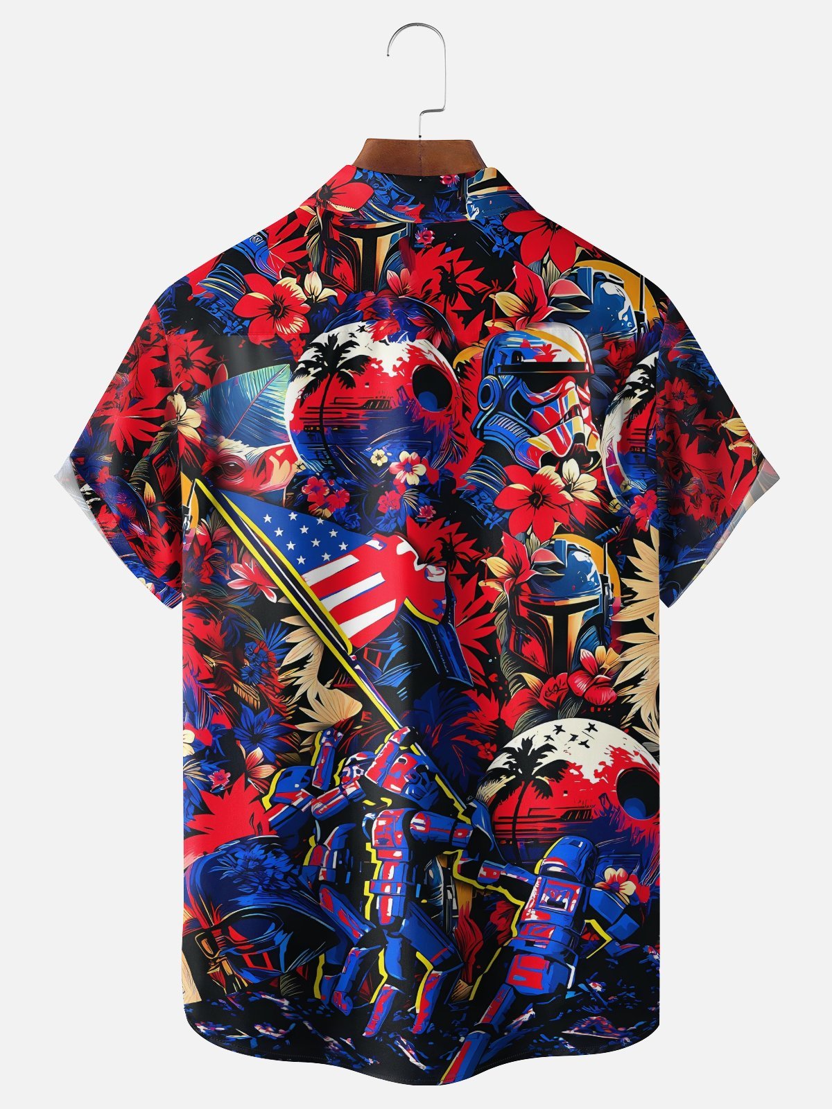 Moisture-Wicking Botanical & U.S. Flag Star Warrior Chest Pocket Holiday Hawaiian Shirt