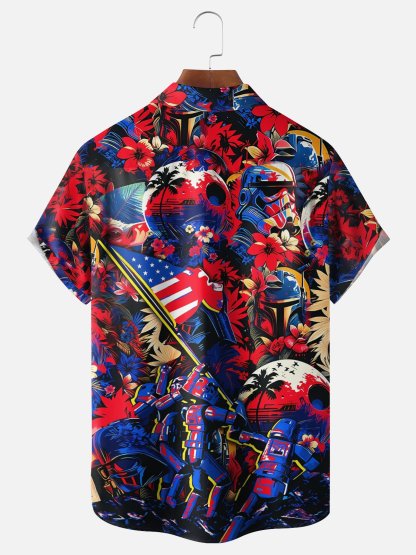 Moisture-Wicking Botanical & U.S. Flag Star Warrior Chest Pocket Holiday Hawaiian Shirt