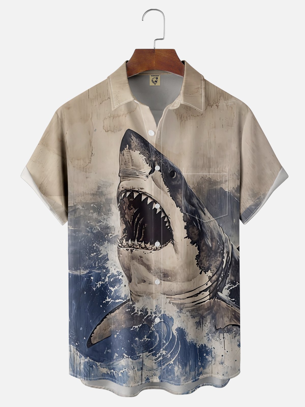 Moisture wicking Ukiyo-e Great White Shark chest pocket Hawaiian shirt