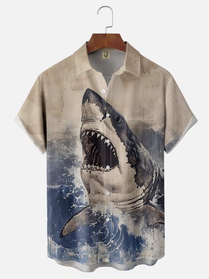 Moisture wicking Ukiyo-e Great White Shark chest pocket Hawaiian shirt