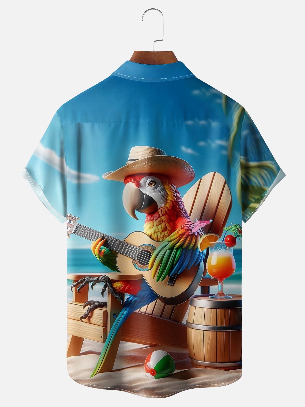 Moisture-wicking Retro Avant-garde Parrot Guitar Beach Cocktail Summer Blue Chest Pocket Hawaiian Shirt