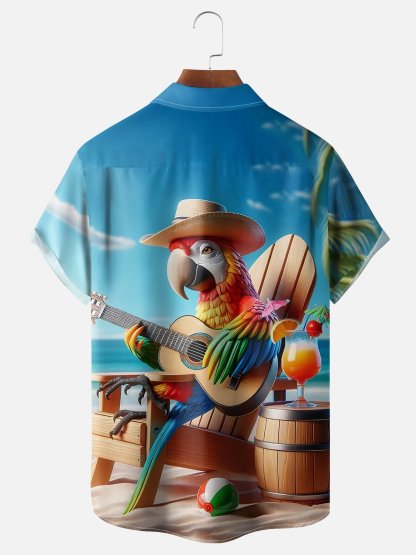 Moisture-wicking Retro Avant-garde Parrot Guitar Beach Cocktail Summer Blue Chest Pocket Hawaiian Shirt