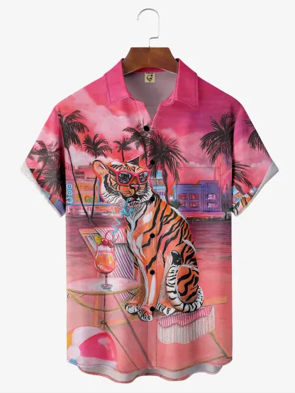 Tiger Chest Pocket Short Sleeve Hawaiian Shirt