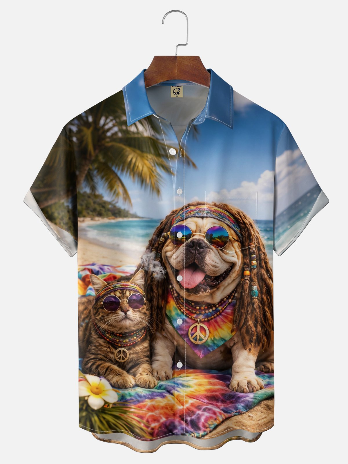 Moisture-wicking Hippie Cat Dog Beach Coconut Tree Chest Pocket Hawaiian Shirt