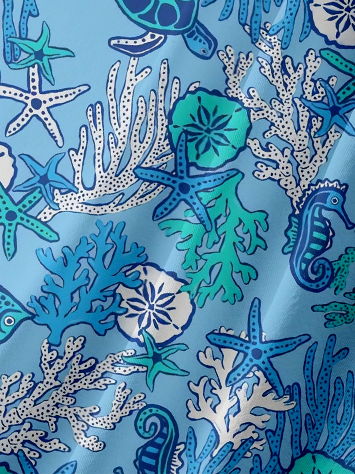 Moisture-wicking Marine Life Coral Sea Turtle Starfish Jellyfish Chest Pocket Hawaiian Shirt