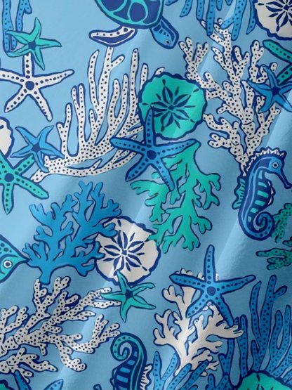Moisture-wicking Marine Life Coral Sea Turtle Starfish Jellyfish Chest Pocket Hawaiian Shirt