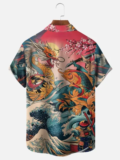 Moisture Wicking Ukiyo-e Dragon Carp Chest Pocket Hawaiian Shirt