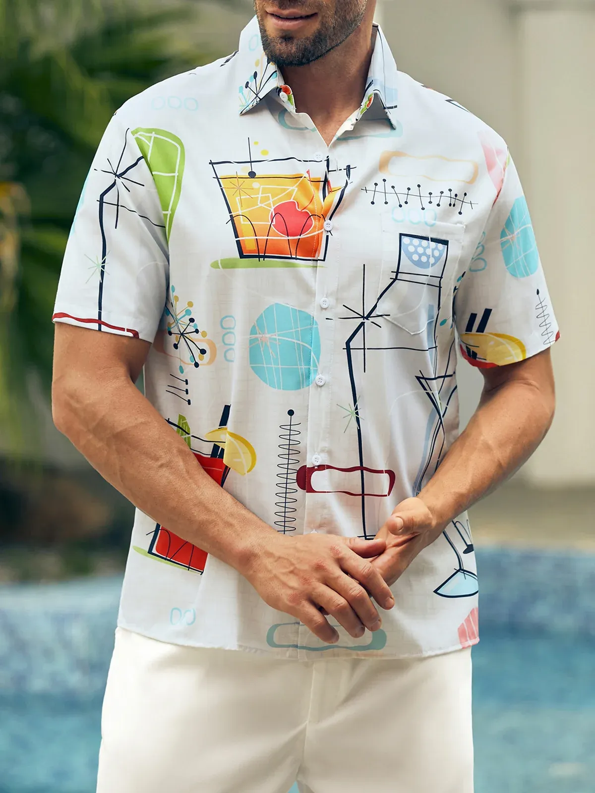 Men's Geometric Casual Short Sleeve Hawaiian Shirt with Chest Pocket
