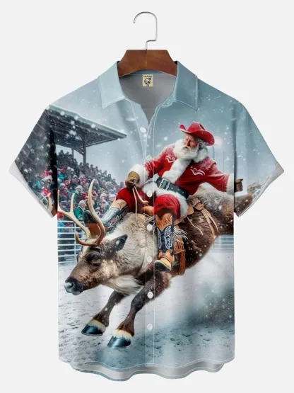 Big Size Moisture-wicking Wild Santa Cowboy Chest Pocket Hawaiian Shirt