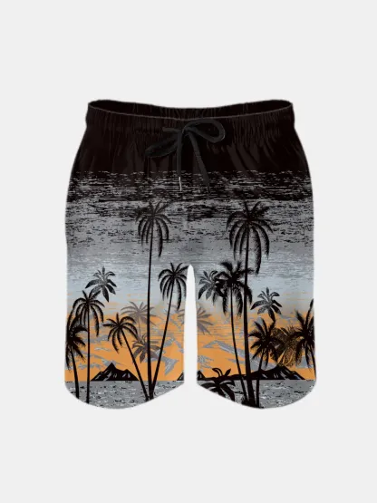 Men's Swim Trunks Hawaiian Tropical Palm Tree Beach Shorts with Pockets