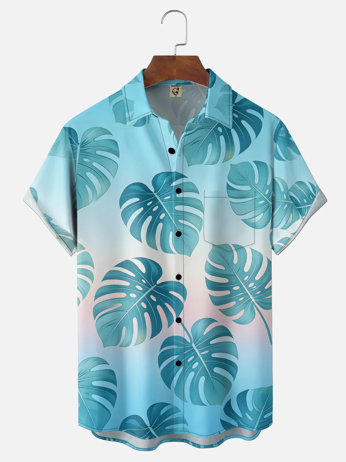 Moisture-Wicking Gradient Tropical Botanical & Palm Leaf  Chest Pocket Hawaiian Shirt
