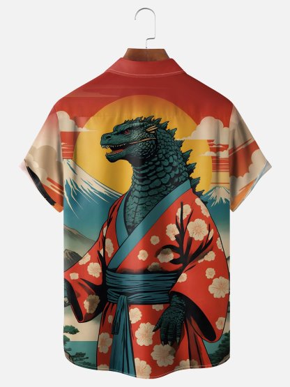 Moisture Wicking Ukiyo-e Dinosaur Chest Pocket Hawaiian Shirt