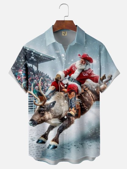 Tall Size Moisture-wicking Wild Christmas Santa Cowboy Chest Pocket Hawaiian Shirt