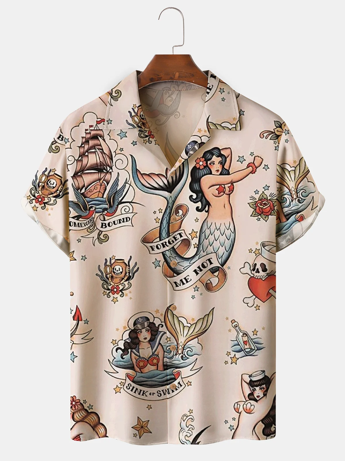 Mens Mermaid Print Front Buttons Soft Breathable Loose Casual Hawaiian Shirt