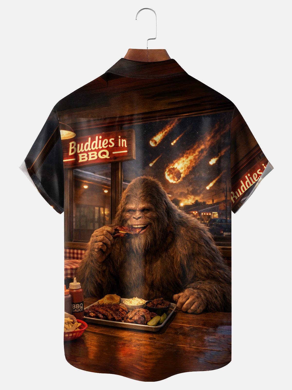 Moisture Wicking Fun BBQ Bigfoot Chest Pocket Hawaiian Shirt
