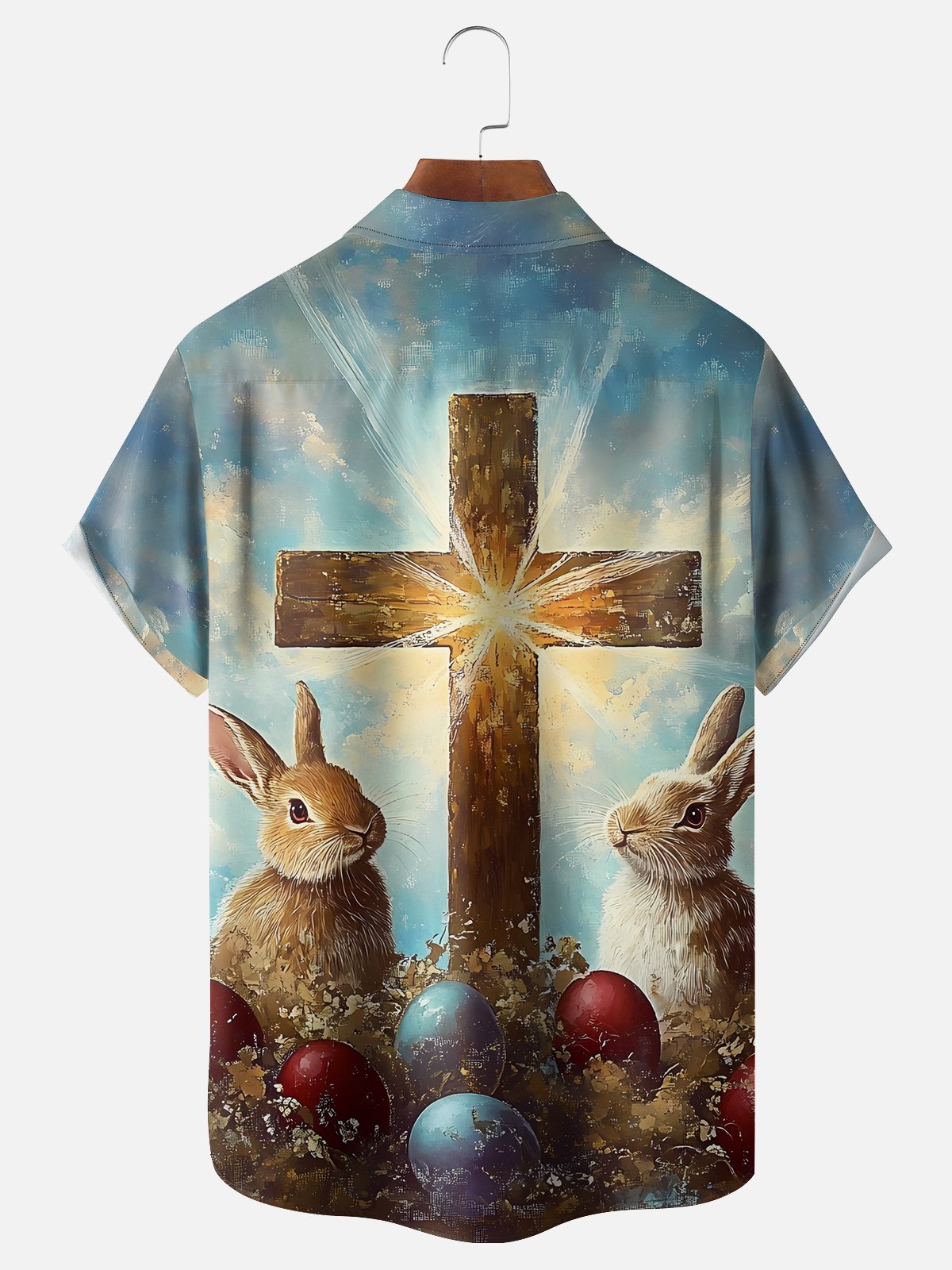 Moisture-wicking Easter Bunny Rabbit Eggs Cross Chest Pocket Casual Shirt