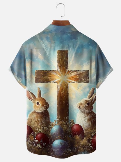 Moisture-wicking Easter Bunny Rabbit Eggs Cross Chest Pocket Casual Shirt