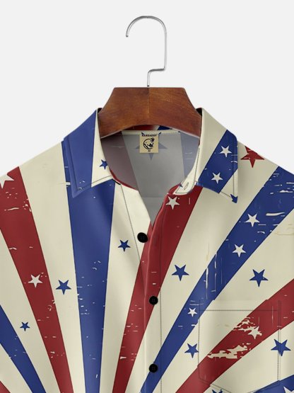 Moisture-wicking Independence Day American Flag Chest Pocket Hawaiian Shirt
