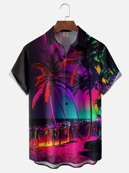 Moisture-wicking Dreamy Beach Coconut Tree Chest Pocket Hawaiian Shirt