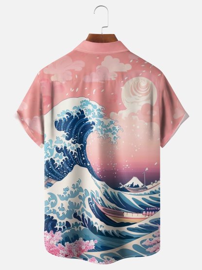 X Artist Kimprut Imut Japanese Ukiyo-e Wave Cat Chest Pocket Hawaiian Shirt