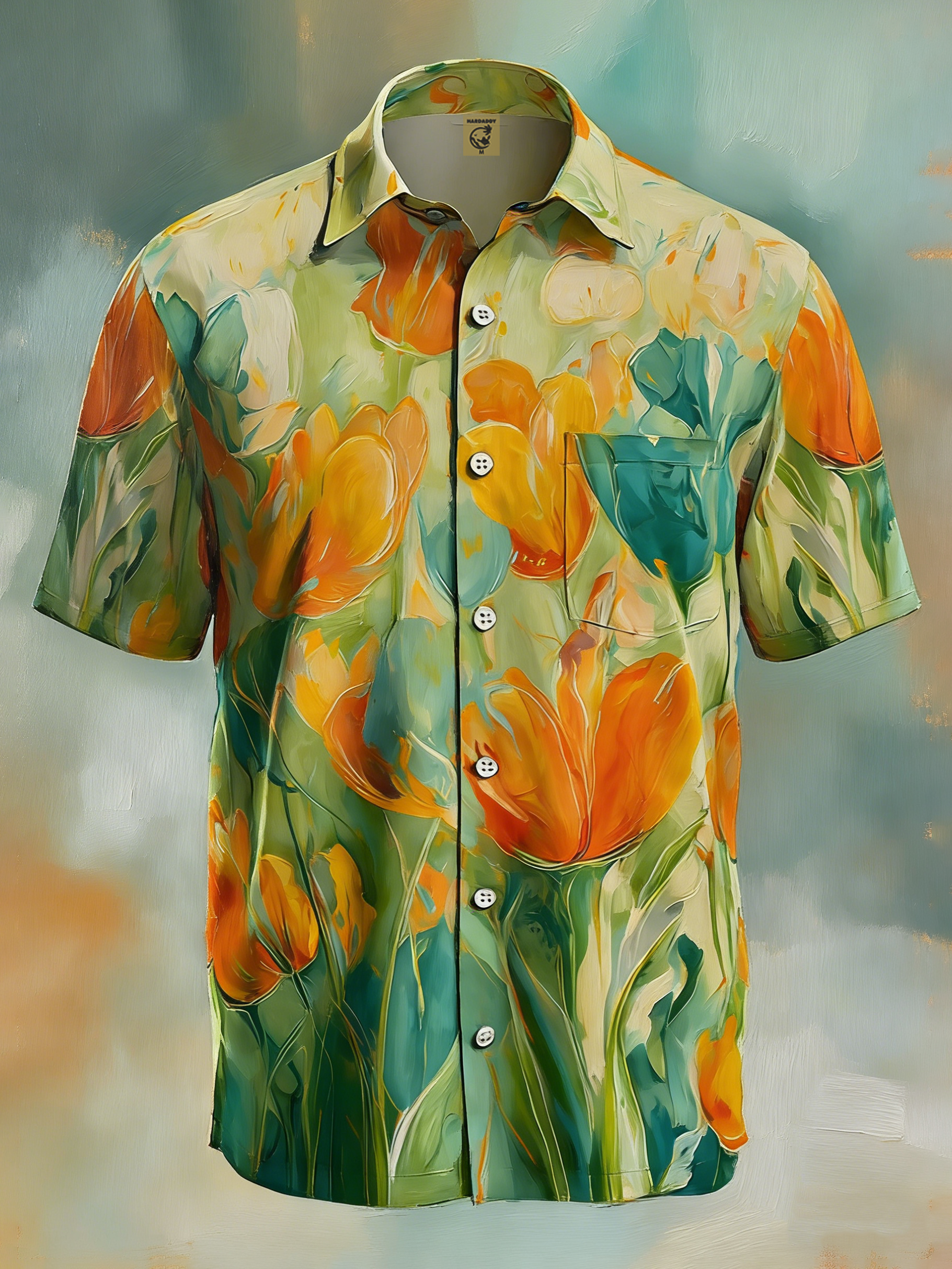 Moisture-wicking Floral Tulips Chest Pocket Hawaiian Shirt