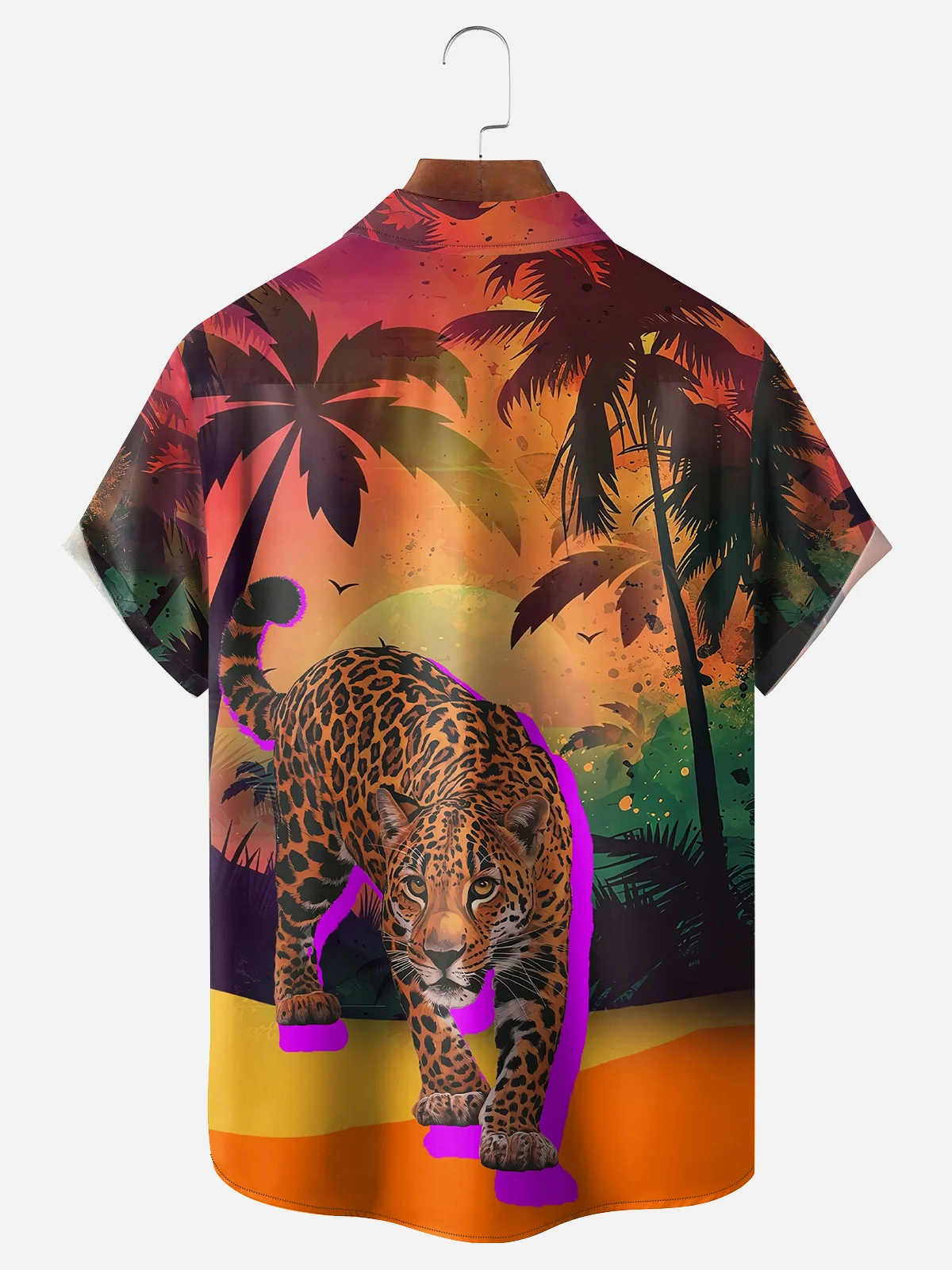 Moisture-wicking Palm Tree Cheetah White Art Lotus Chest Pocket Hawaiian Shirt