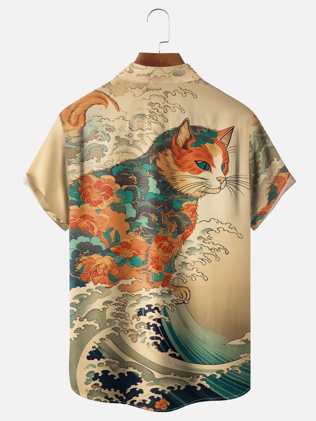 Moisture Wicking Ukiyo-e Cat Chest Pocket Hawaiian Shirt