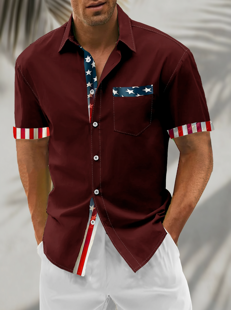 Moisture Wicking Solid Color Patchwork American Flag 250th Anniversary Chest Pocke Holiday Hawaiian Shirt