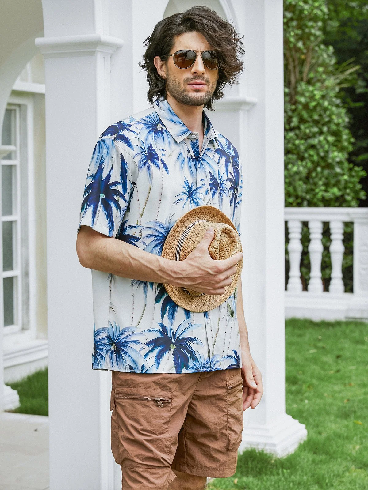Palm Tree Chest Pocket Short Sleeve Hawaiian Shirt