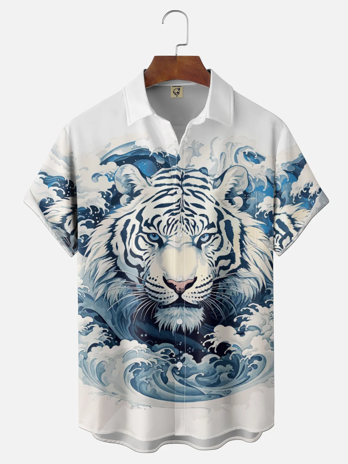 Moisture Wickin Japanese Ukiyo-e Wave Tiger Chest Pocket Holiday Hawaiian Shirt