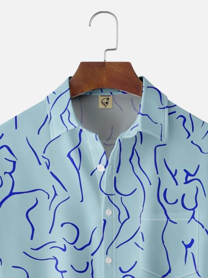 Moisture-wicking Art Blue Abstract Line Drawing Chest Pocket Hawaiian Titty Shirt
