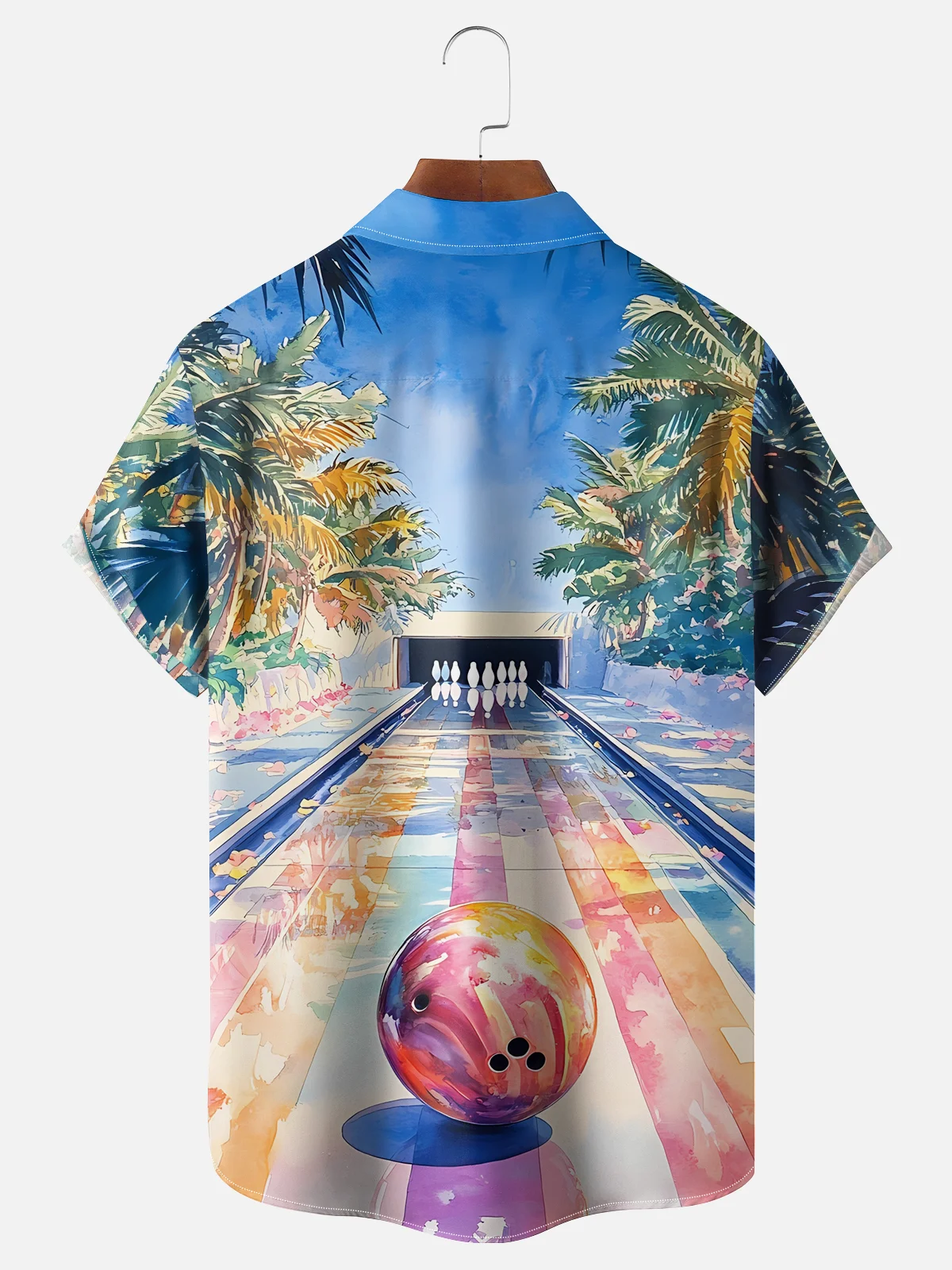 Moisture-wicking Palm Tree Vacation Bowling Chest Pocket Hawaiian Shirt