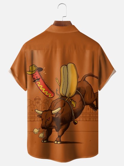 Moisture Wicking Western Hot Dog Cowboy Chest Pocket Hawaiian Shirt