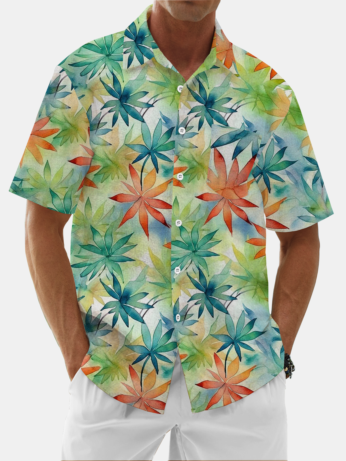 Moisture Wicking Gradient Botanicals Chest Pocket Hawaiian Shirt