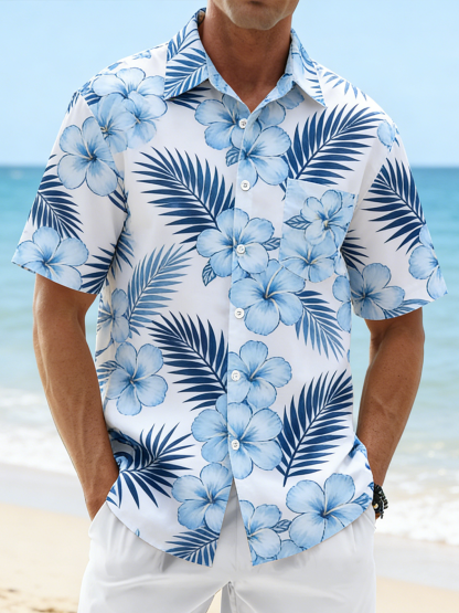 Linen-Texture  Botanical Floral Flamingo Print with Chest Pocket Holiday Hawaiian Shirt
