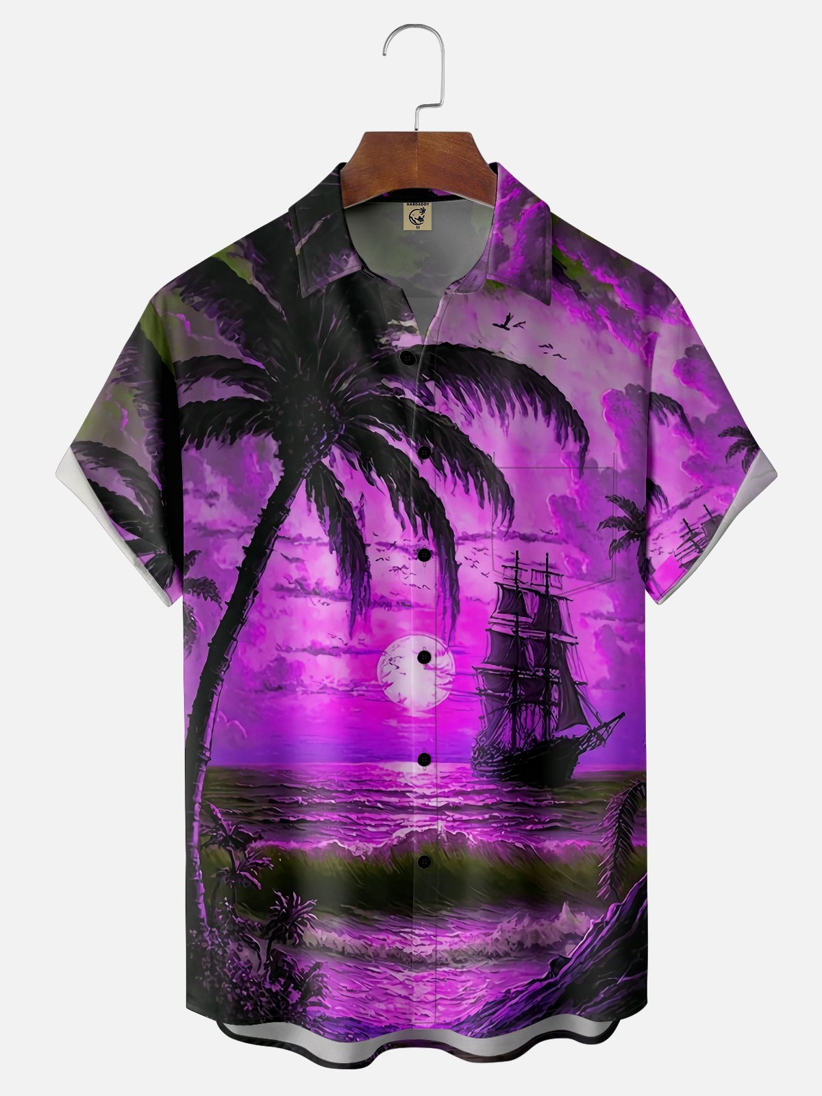 Moisture-wicking Palm Tree Sailing Boat Chest Pocket Hawaiian Shirt