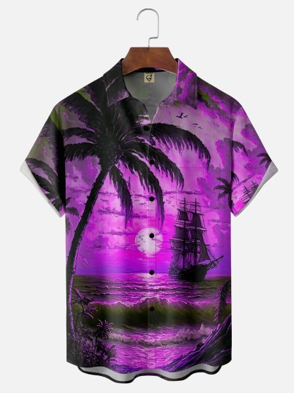Moisture-wicking Palm Tree Sailing Boat Chest Pocket Hawaiian Shirt